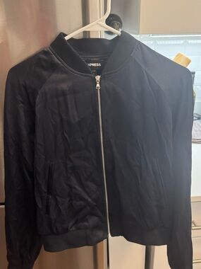 Express Satin Navy Blue Zip-Front Bomber Jacket